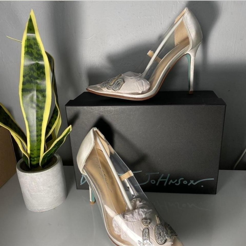Betsey Johnson Clear PVC Pointed Toe Heels with Ivory Satin Accents